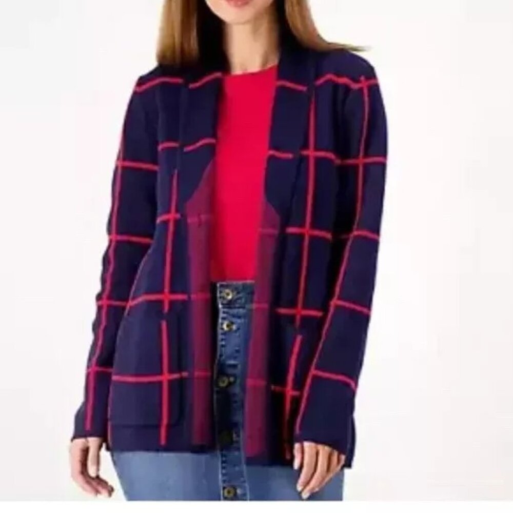 Denim & Co. Jacquard OneButton Sweater Coat XS Navy Blue Red Pockets A547123NEW